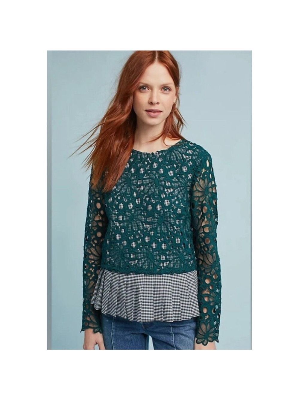 English Rose Hunter Green Lace and Gingham Set. Pencil Skirt and Top. Size S